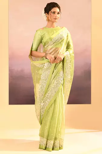 Lime green embroidered tissue saree set