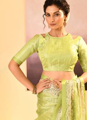 Lime green embroidered tissue saree set 4