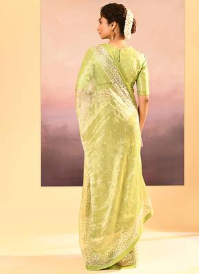 Lime green embroidered tissue saree set 5