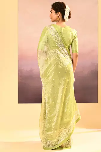 Lime green embroidered tissue saree set