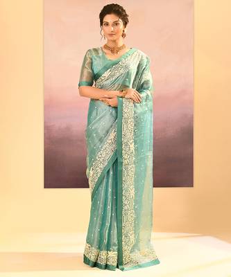 Sea green embroidered tissue saree set 1