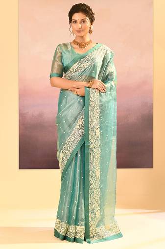 Sea green embroidered tissue saree set