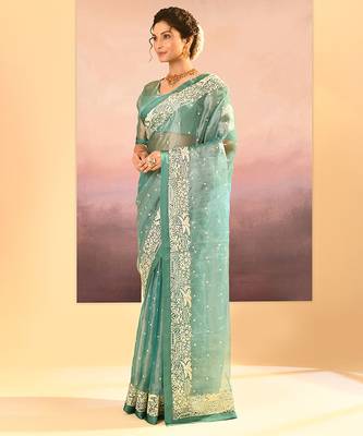 Sea green embroidered tissue saree set 2