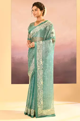 Sea green embroidered tissue saree set