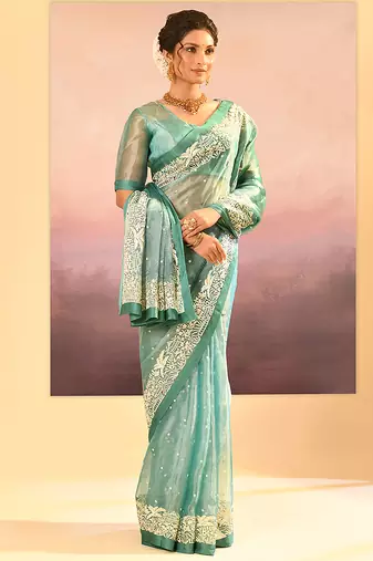 Sea green embroidered tissue saree set