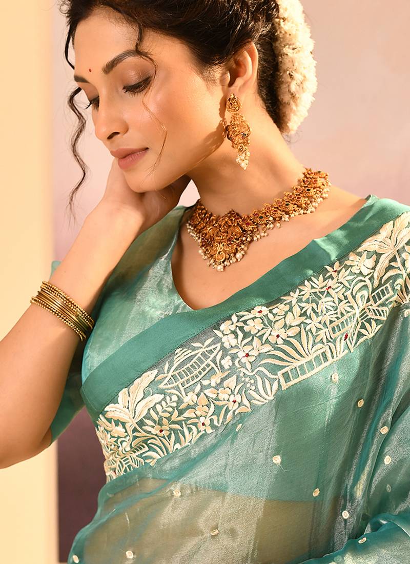 Sea green embroidered tissue saree set