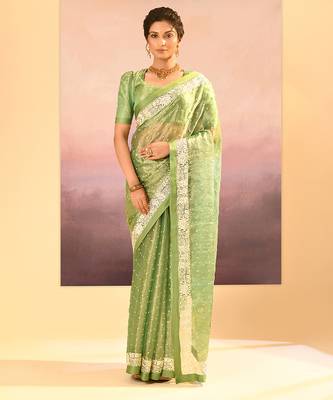 Lime green embroidered tissue saree set 1