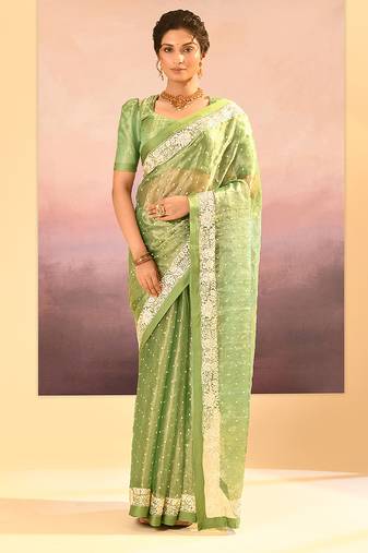Lime green embroidered tissue saree set