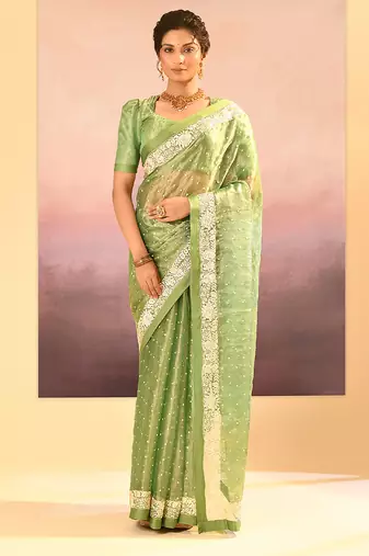 Lime green embroidered tissue saree set