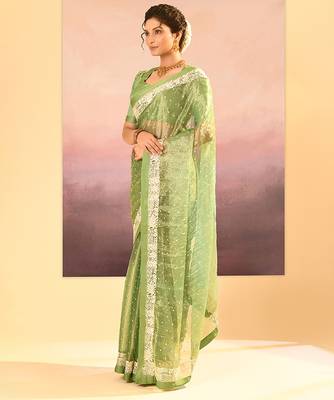 Lime green embroidered tissue saree set 2
