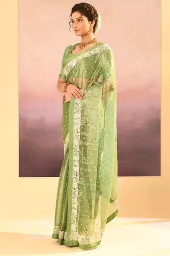 Lime green embroidered tissue saree set