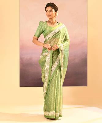 Lime green embroidered tissue saree set 3