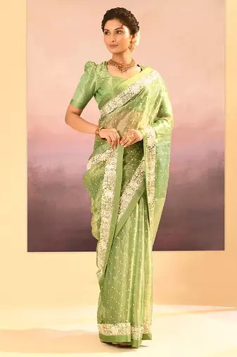 Lime green embroidered tissue saree set