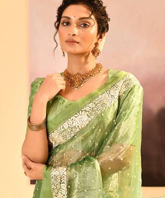 Lime green embroidered tissue saree set 4