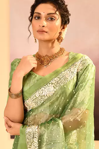 Lime green embroidered tissue saree set