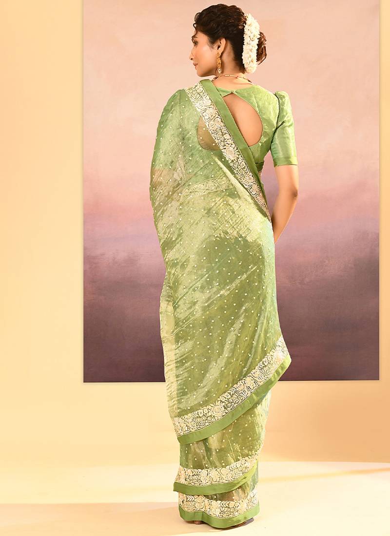 Lime green embroidered tissue saree set