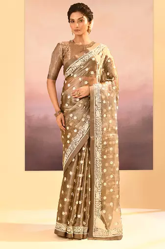 Metallic brown embroidered tissue saree set
