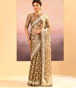 Metallic brown embroidered tissue saree set