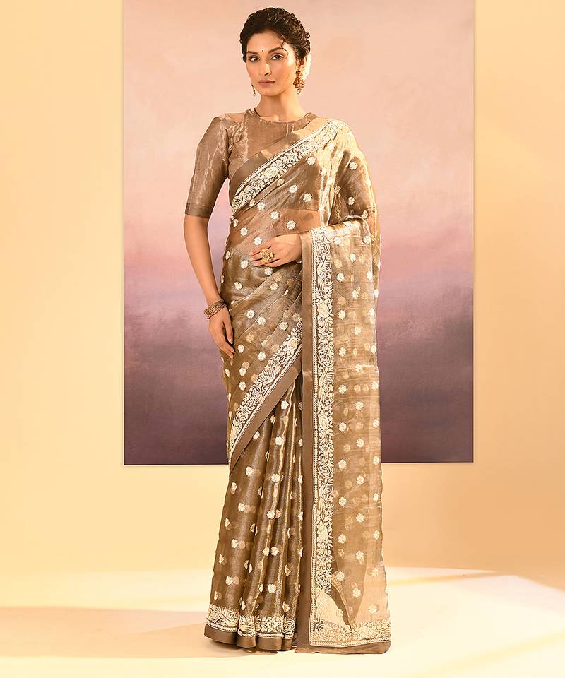 Metallic brown embroidered tissue saree set
