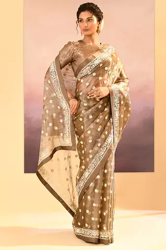 Metallic brown embroidered tissue saree set
