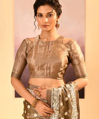 Metallic brown embroidered tissue saree set 4