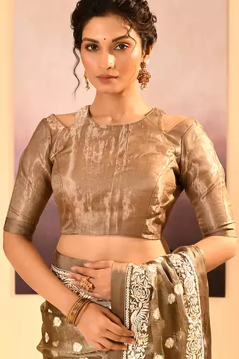 Metallic brown embroidered tissue saree set