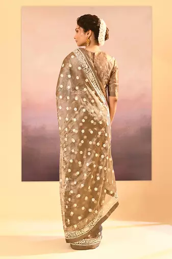 Metallic brown embroidered tissue saree set
