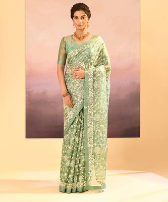 Pista green embroidered tissue saree set 1