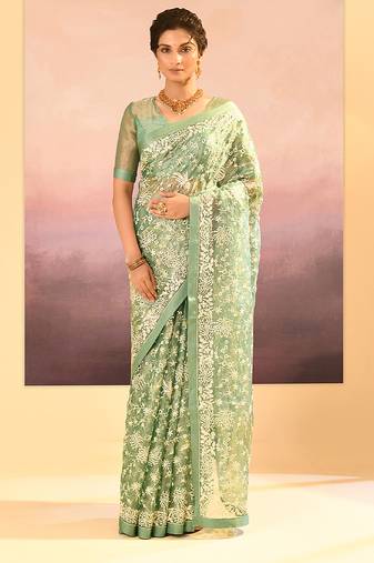 Pista green embroidered tissue saree set