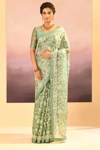 Pista green embroidered tissue saree set