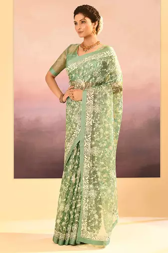 Pista green embroidered tissue saree set
