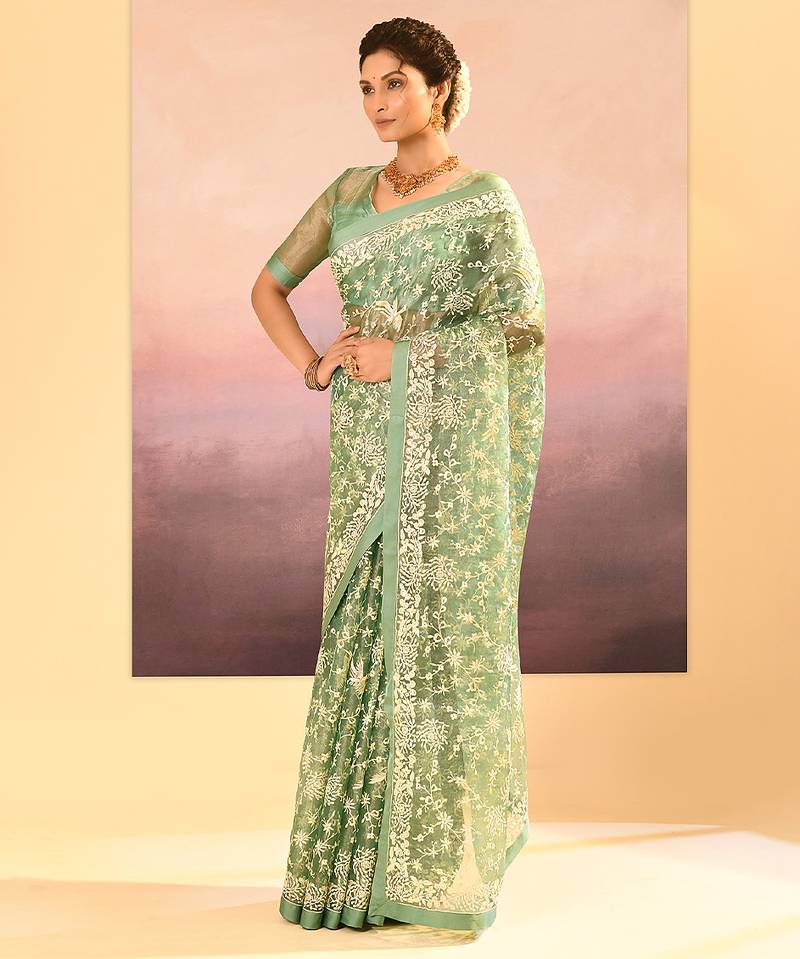Pista green embroidered tissue saree set