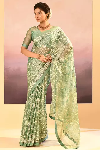 Pista green embroidered tissue saree set