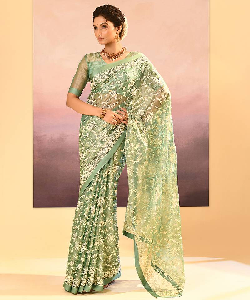 Pista green embroidered tissue saree set