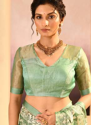 Pista green embroidered tissue saree set 4