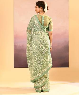 Pista green embroidered tissue saree set 5