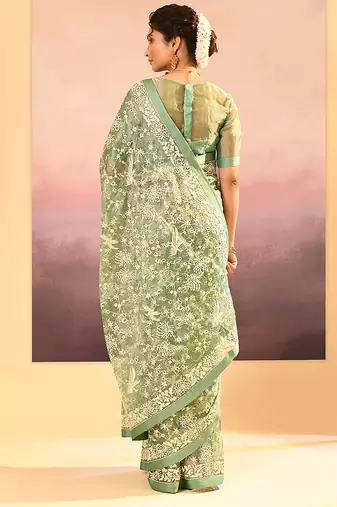 Pista green embroidered tissue saree set