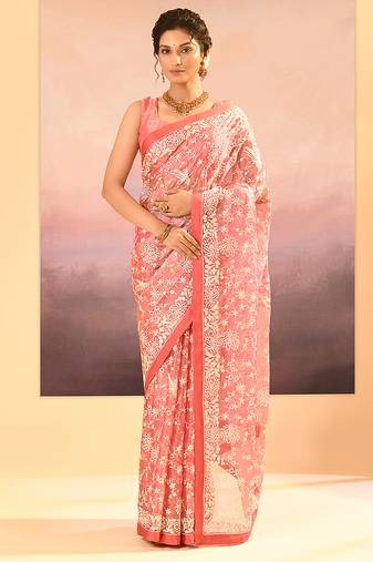 Peach pink embroidered tissue saree set