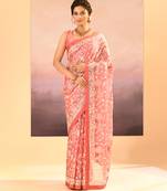 Peach pink embroidered tissue saree set