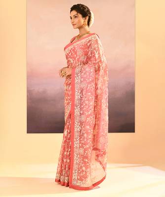 Peach pink embroidered tissue saree set 2