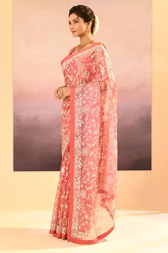 Peach pink embroidered tissue saree set