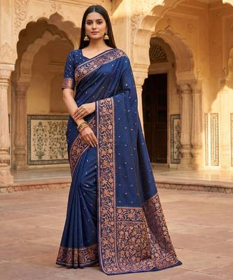 Blue  soft banarasi silk saree with zari weaving  design with running blouse 1