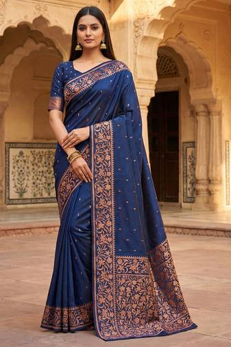 blue soft silk blend saree with zari weaving design with running blouse