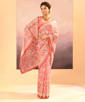 Peach pink embroidered tissue saree set 3