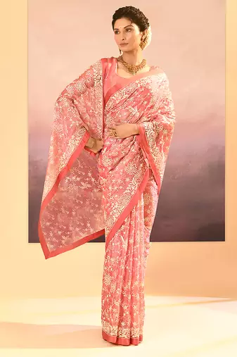 Peach pink embroidered tissue saree set