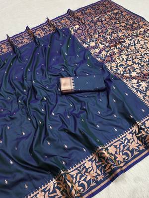 Blue  soft banarasi silk saree with zari weaving  design with running blouse 2