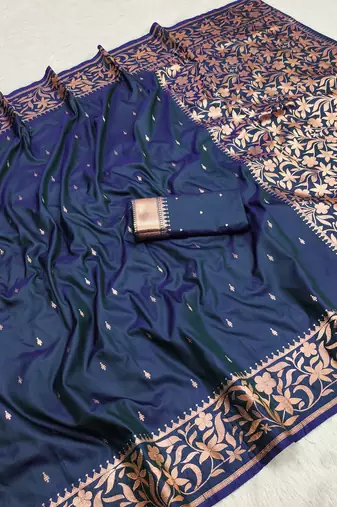 Blue  soft banarasi silk saree with zari weaving  design with running blouse