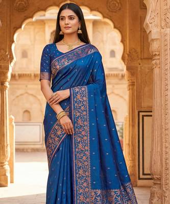 Teal soft banarasi silk saree with zari weaving  design with running blouse 1