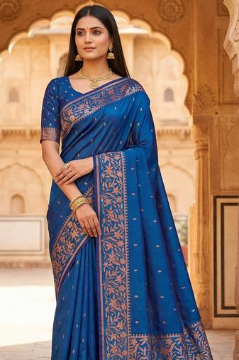 teal soft silk blend saree with zari weaving design with running blouse