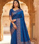 Teal soft banarasi silk saree with zari weaving  design with running blouse